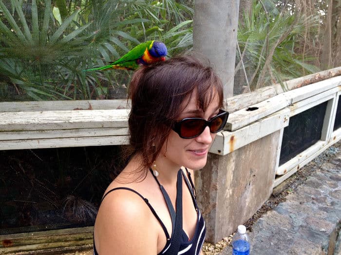 Bird on Ashley's head at Coral World on St. Thomas